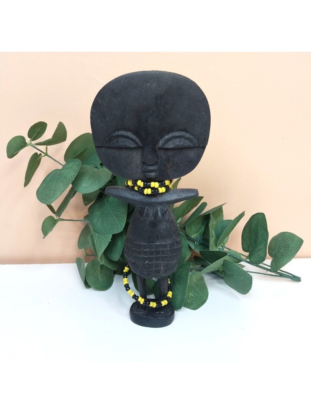 Hand-Carved African Fertility Doll Yellow Black Beads 8" Tall